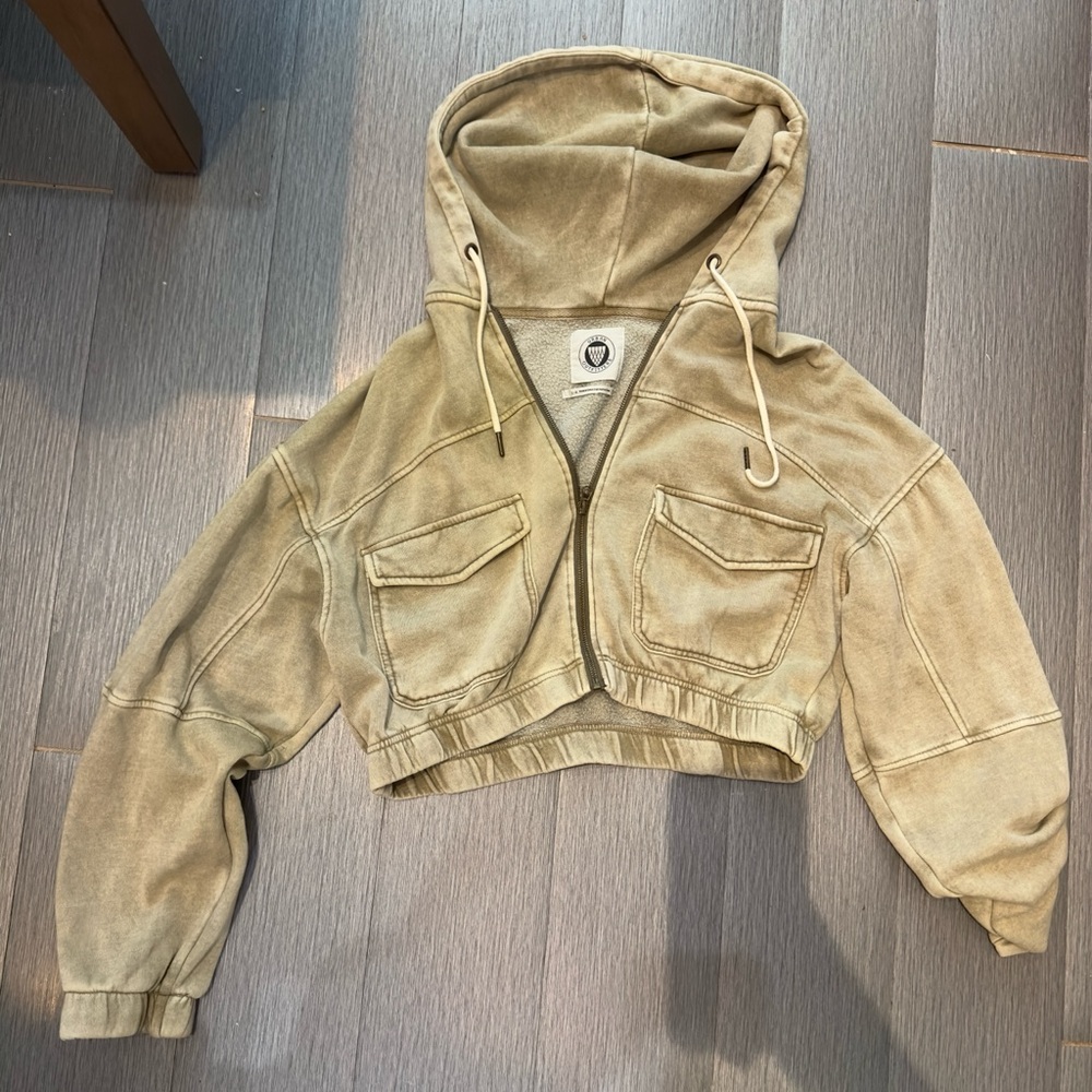 UO Urban Outfitters Yogi Fleece Cropped Zip-Up Hoodie Sweatshirt - Beige